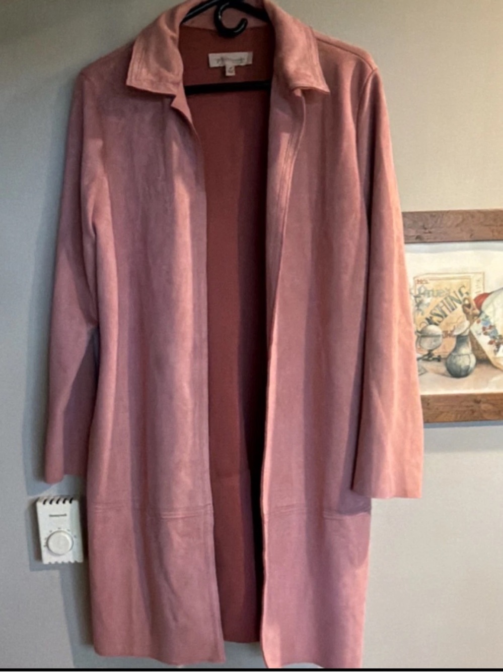 Women's Mauve Pink Open-Front Long Coat Faux Leather-Soft Texture